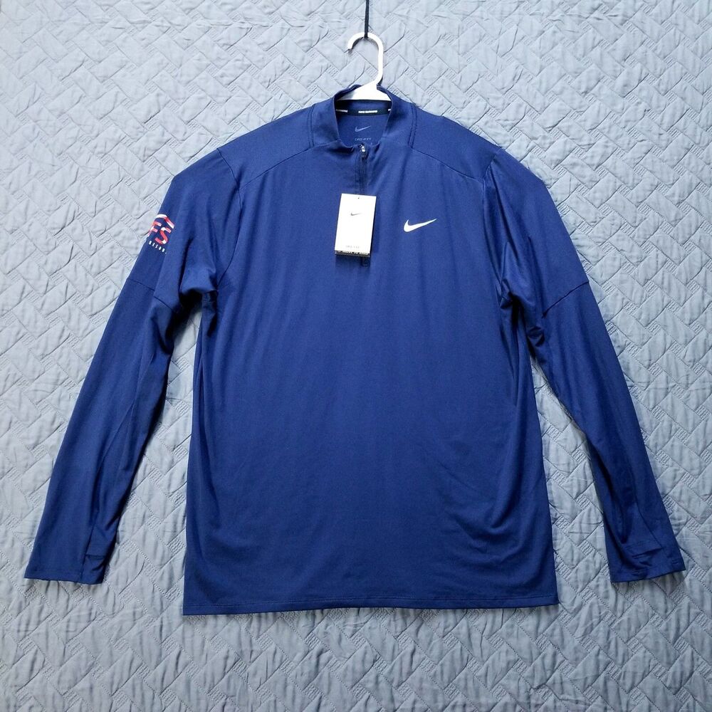 Nike DRI-FIT T Shirt Mens L Blue Nike Running Performance Long Sleeve 1/4 Zip